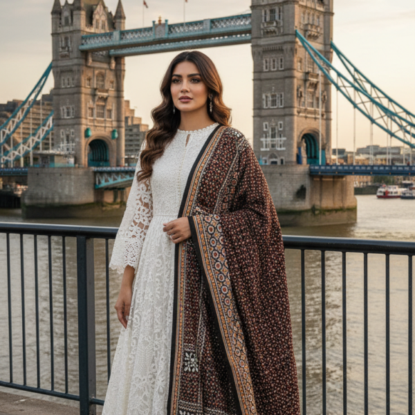 Ladies Ajrak Dupatta Deep Brown Multicolour Hand-Blocked Cotton UK