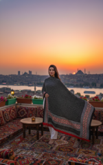 Ladies Ajrak Dupatta Black Multicolour Hand-Blocked Cotton UK