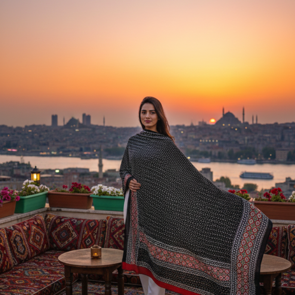 Ladies Ajrak Dupatta Black Multicolour Hand-Blocked Cotton UK