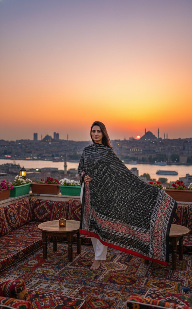 Ladies Ajrak Dupatta Black Multicolour Hand-Blocked Cotton UK