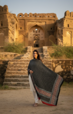 Ladies Ajrak Dupatta – Black & Multicolour Hand-Blocked Cotton Shawl - Image 2