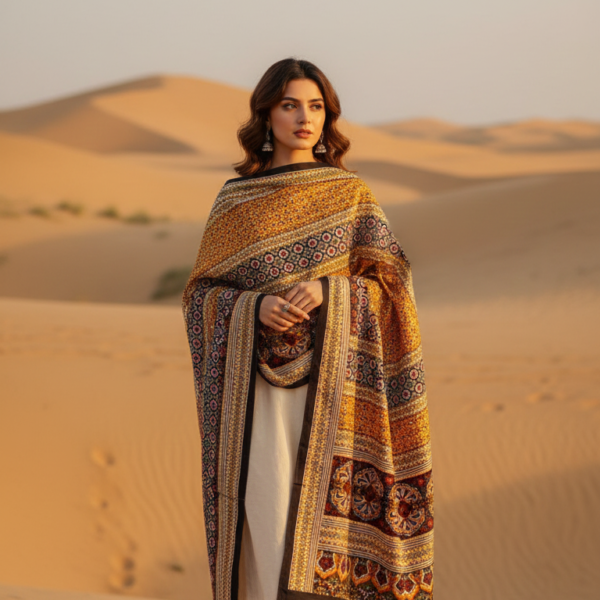 Ladies Ajrak Dupatta Mustard Yellow Multicolour Hand-Blocked UK