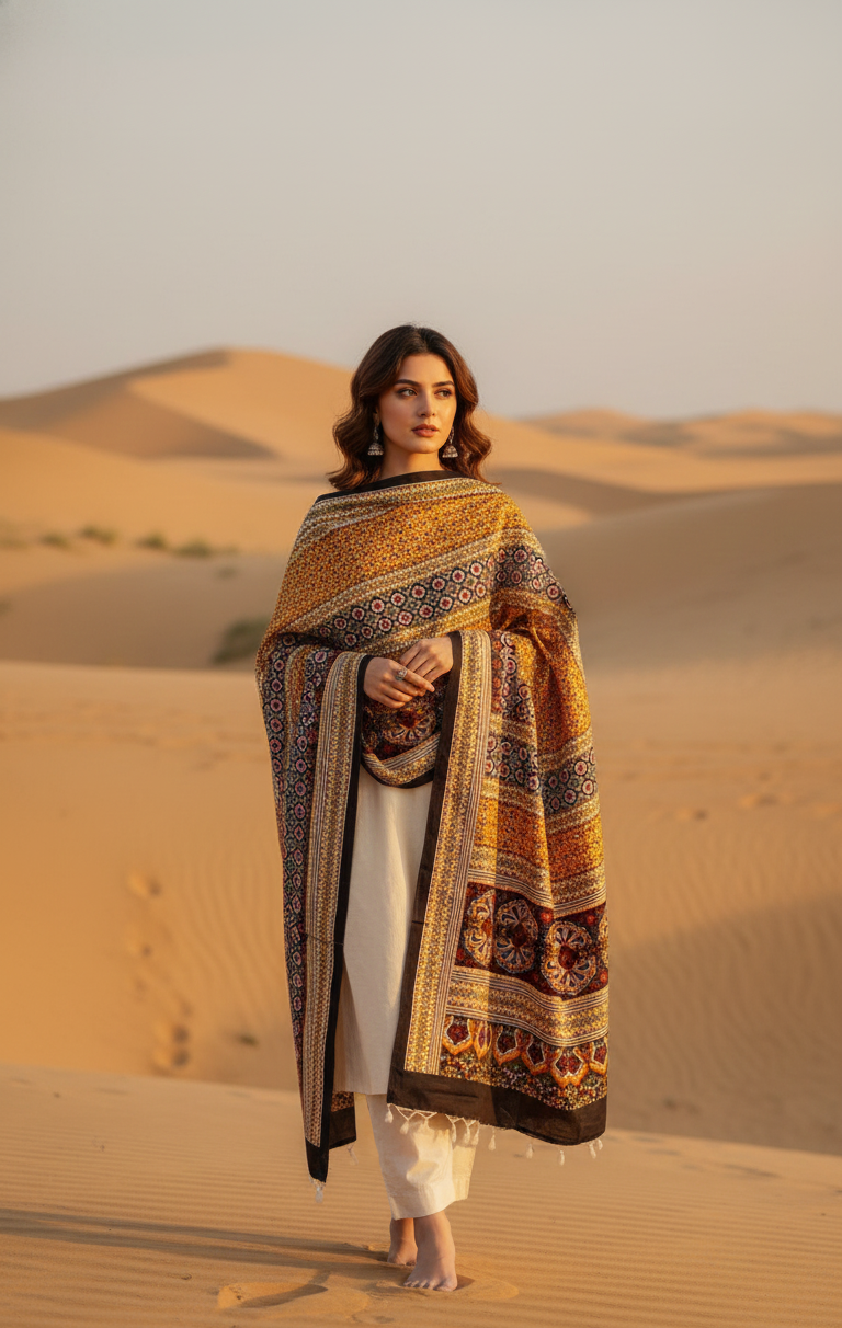 Ladies Ajrak Dupatta Mustard Yellow Multicolour Hand-Blocked UK