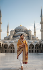 Ladies Ajrak Dupatta – Mustard Yellow & Multicolour Hand-Blocked Shawl - Image 3