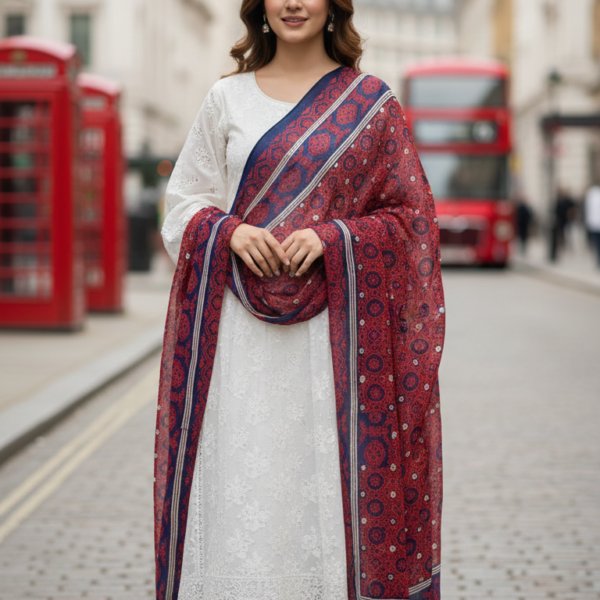 Ladies Ajrak Chiffon Dupatta Red & Navy Lightweight Hand-Blocked UK