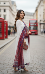 Ladies Ajrak Chiffon Dupatta Red & Navy Lightweight Hand-Blocked UK