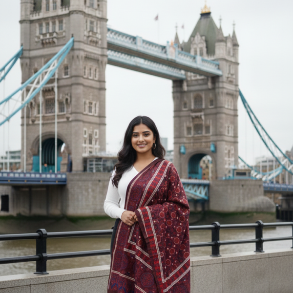 Ladies Cambric Ajrak Shawl Soft Cotton Blue & Maroon Dupatta UK