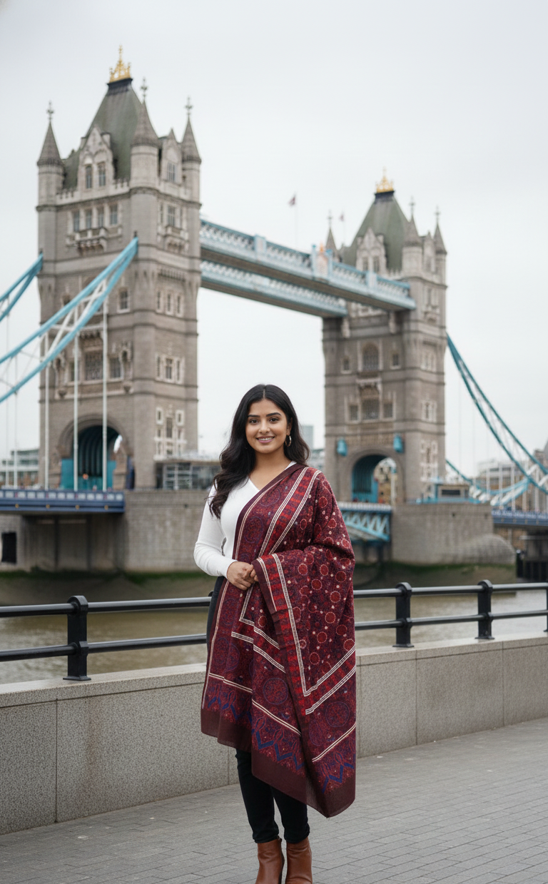 Ladies Cambric Ajrak Shawl Soft Cotton Blue & Maroon Dupatta UK
