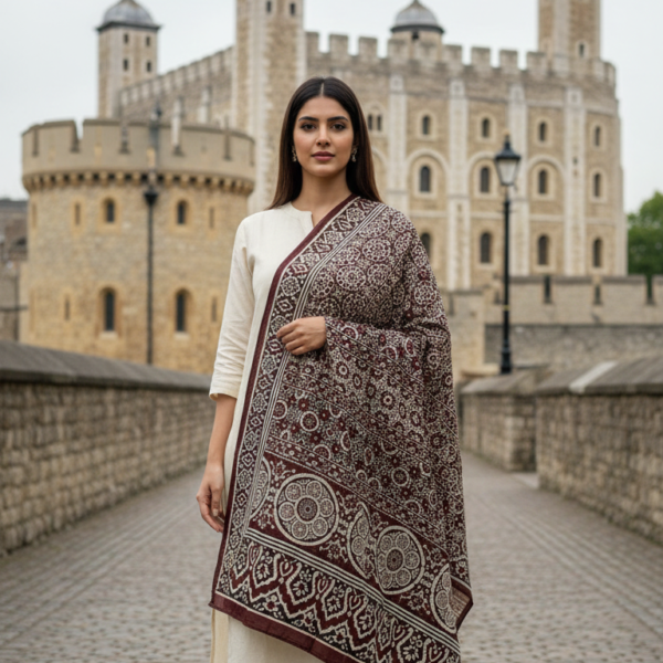 Ladies Fancy Linen Ajrak Shawl Brown & Cream Hand-Blocked Dupatta UK