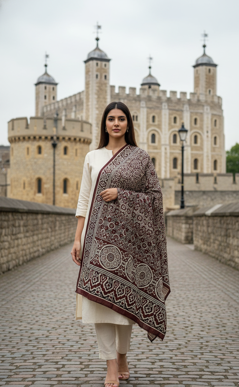 Ladies Fancy Linen Ajrak Shawl Brown & Cream Hand-Blocked Dupatta UK
