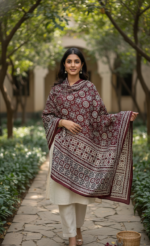 Ladies Linen Ajrak Shawl Maroon & Cream Hand-Blocked Dupatta UK