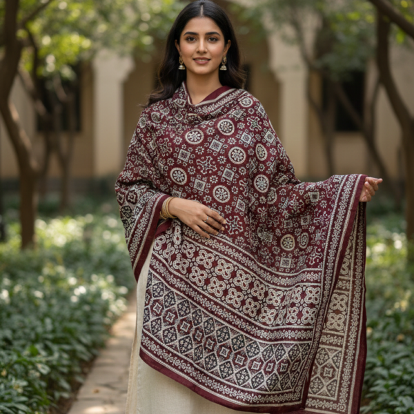 Ladies Linen Ajrak Shawl Maroon & Cream Hand-Blocked Dupatta UK