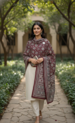 Ladies Linen Ajrak Shawl – Premium Maroon & Cream Hand-Blocked Dupatta - Image 2