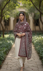 Ladies Linen Ajrak Shawl – Premium Maroon & Cream Hand-Blocked Dupatta - Image 3