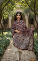 Ladies Linen Ajrak Shawl Maroon & Cream Hand-Blocked Dupatta UK