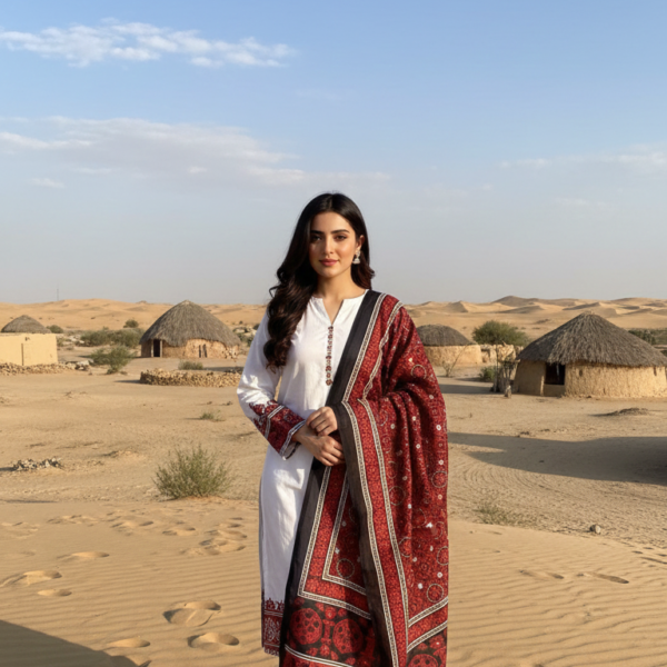 Ladies Soft Cotton Ajrak Shawl Red & Black Hand-Blocked Dupatta UK