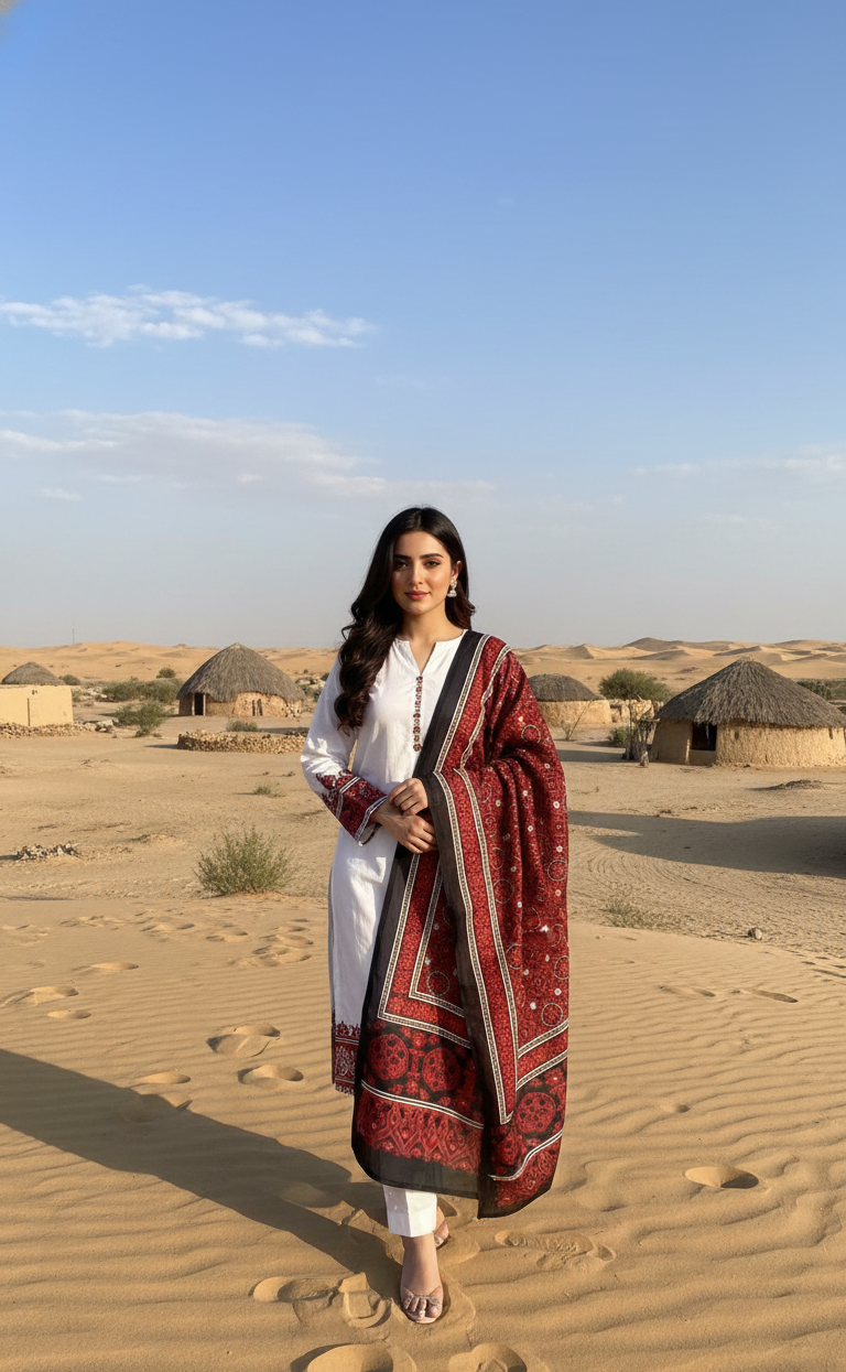 Ladies Soft Cotton Ajrak Shawl Red & Black Hand-Blocked Dupatta UK